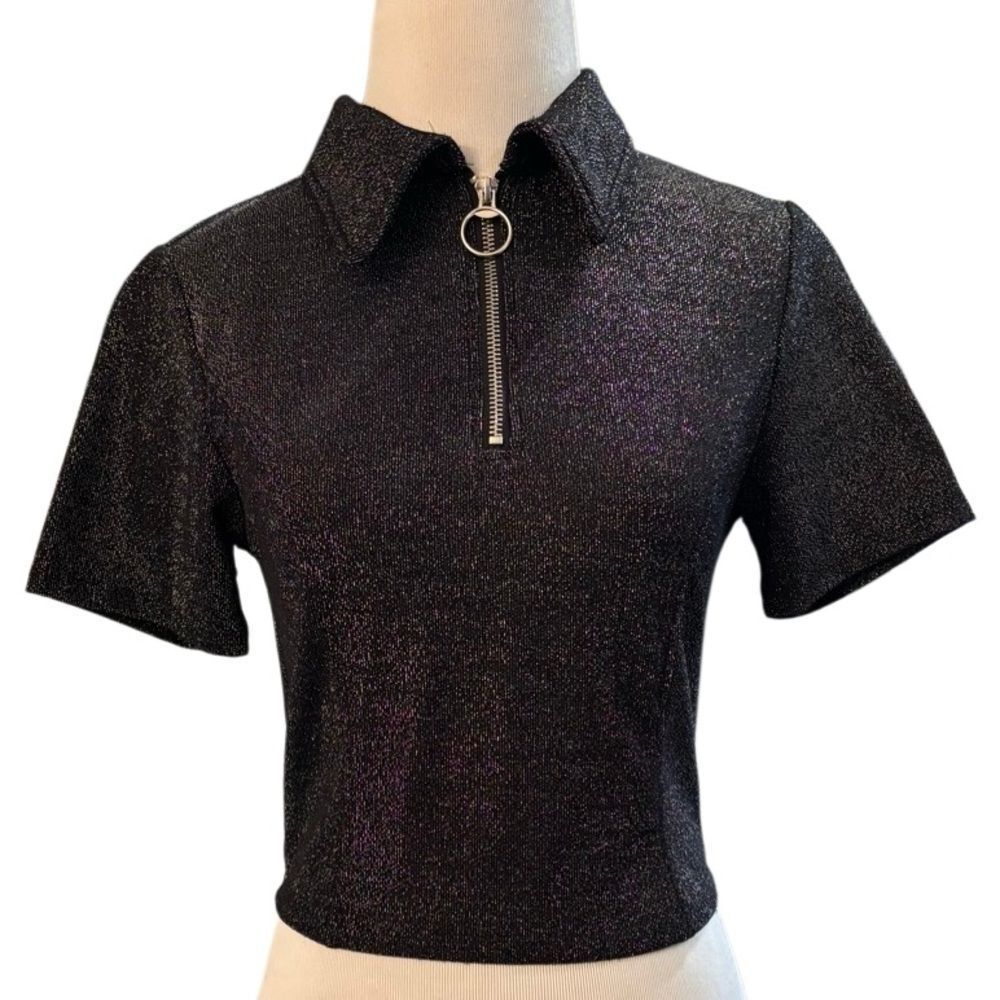 Current Mood Metallic Glitter Half Zip Crop Top Black Size M